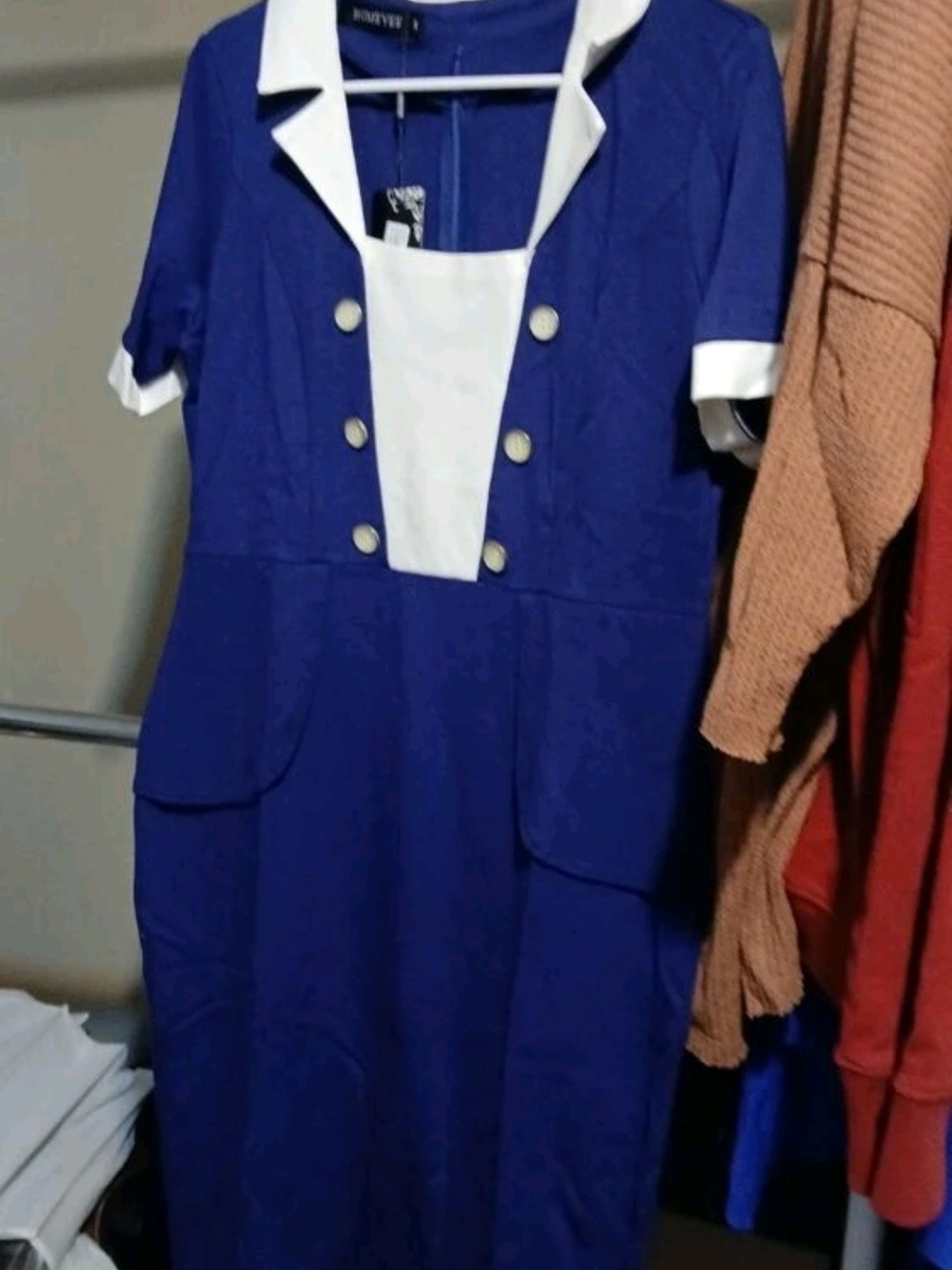 Navy Blue Dress with White Trim and Gold Buttons